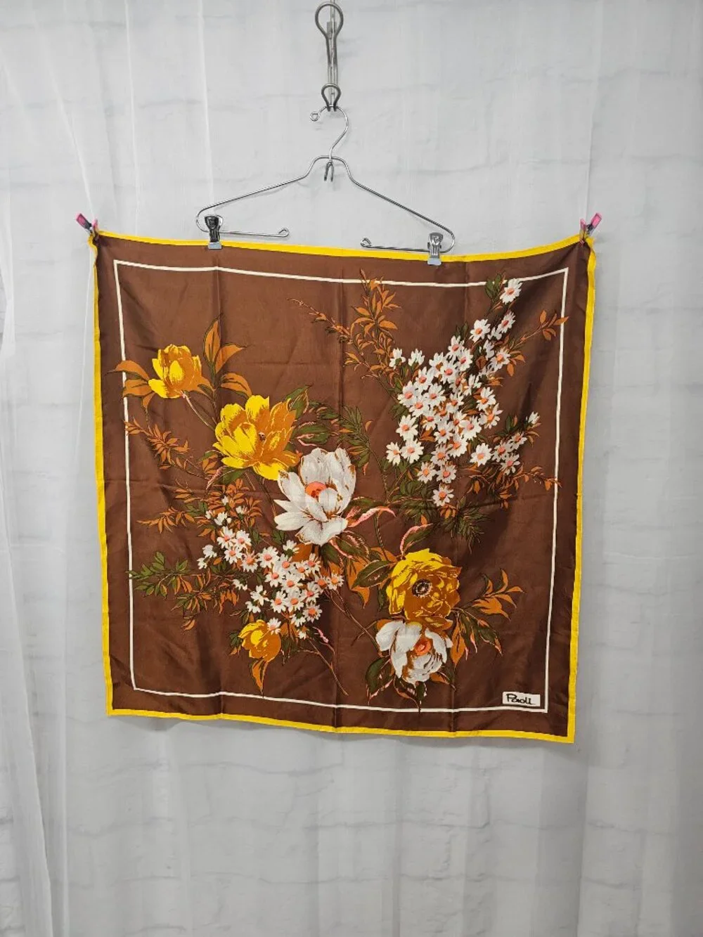 Vintage Paoli Scarf Floral Brown Japan Acetate Retro Boho